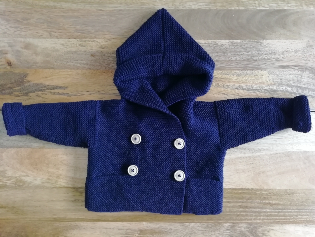 Navy knitted duffle coat/jumper with wooden buttons